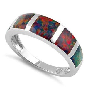 925 STERLING SILVER 5 Bar Lab Created Black Opal Band Ring